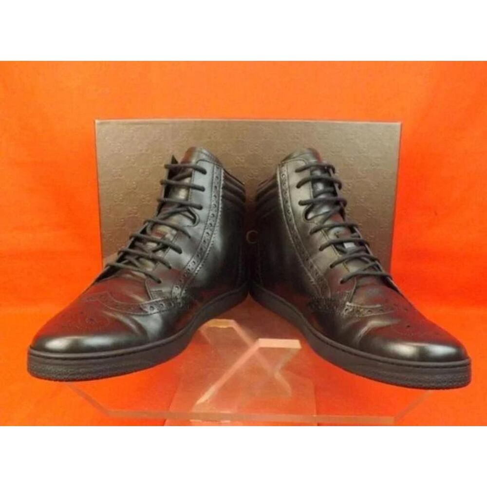 NIB GUCCI 295294 BLACK LEATHER WEB LOGO HIGH TOP SNEAKERS 6.5 $579 ITALY - Picture 2 of 7